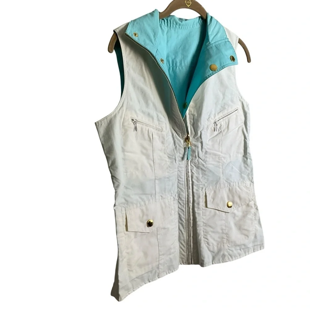 Ralph Lauren Reversible Vest Ivory Aqua Blue Gold Hardware Size Medium - Picture 9 of 15